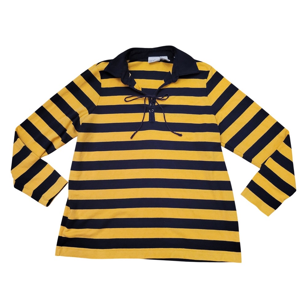 Carolina Colours 14/16 Top Yellow Navy Blue Rugby Stripe Corset Lace Up Vintage